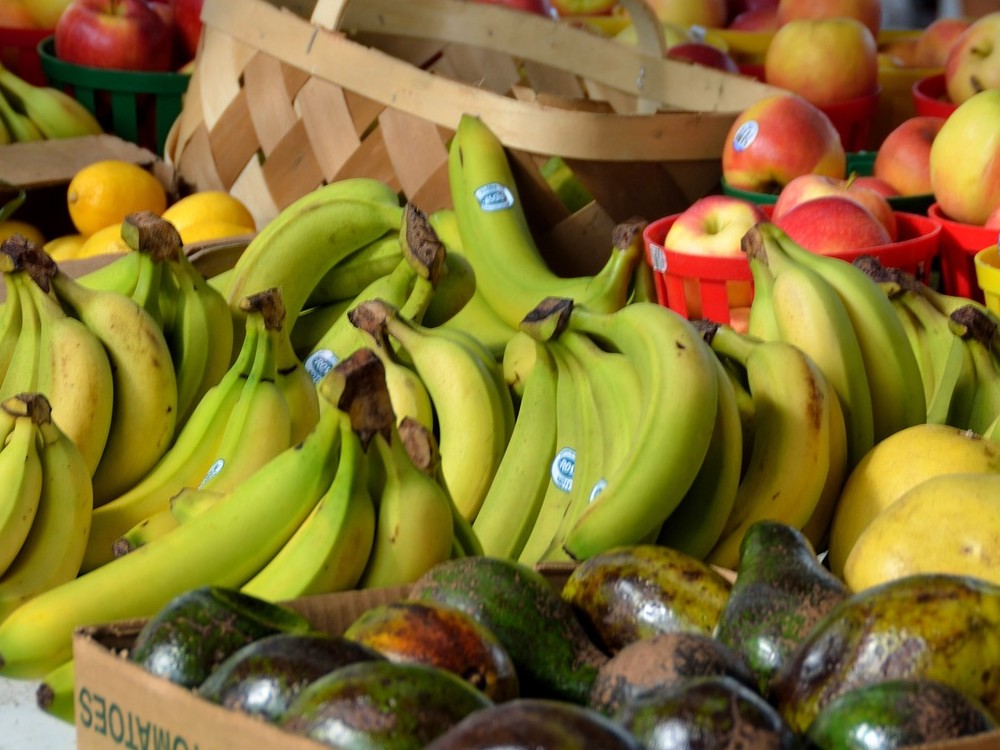 Afbeelding van een boodschappenmandje met verschillende soorten fruit, zoals bananen, appels en avocado's