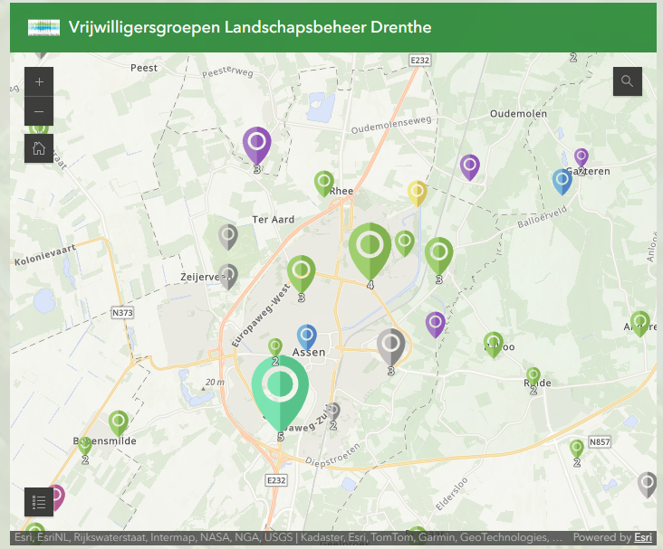 Kaart waarop de locaties van de groene vrijwilligersgroepen van Landschapsbeheer Drenthe staan aangegeven